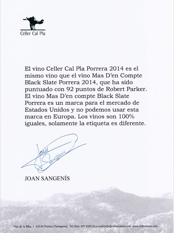 Verklaring Celler Cal Pla Porrera 2014